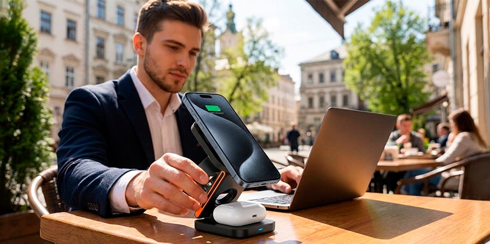 магнітна бездротова зарядка для телефону навушників і смарт годинника сучасна станція